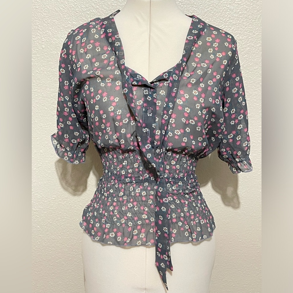 L8ter Sheer Blouse Gray with Floral Design Size Small